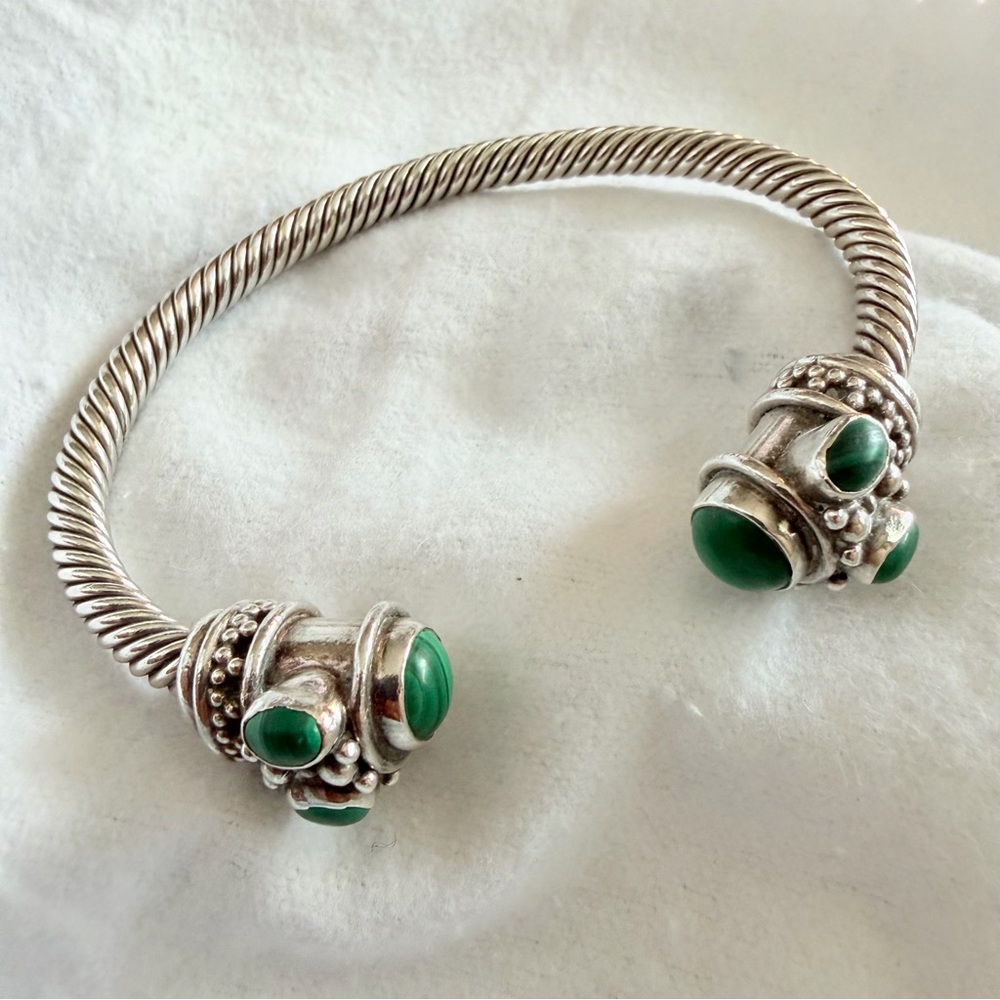 Solid Sterling Silver Twisted Cable Cuff Bracelet w/Eight Malachite Stones - Picture 9 of 14